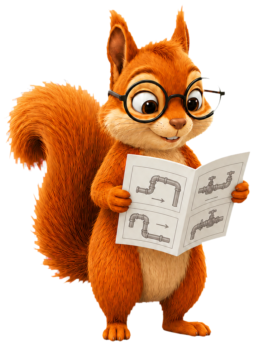 Illustrated squirrel mascot reading an instruction manual with pipe and valve diagrams