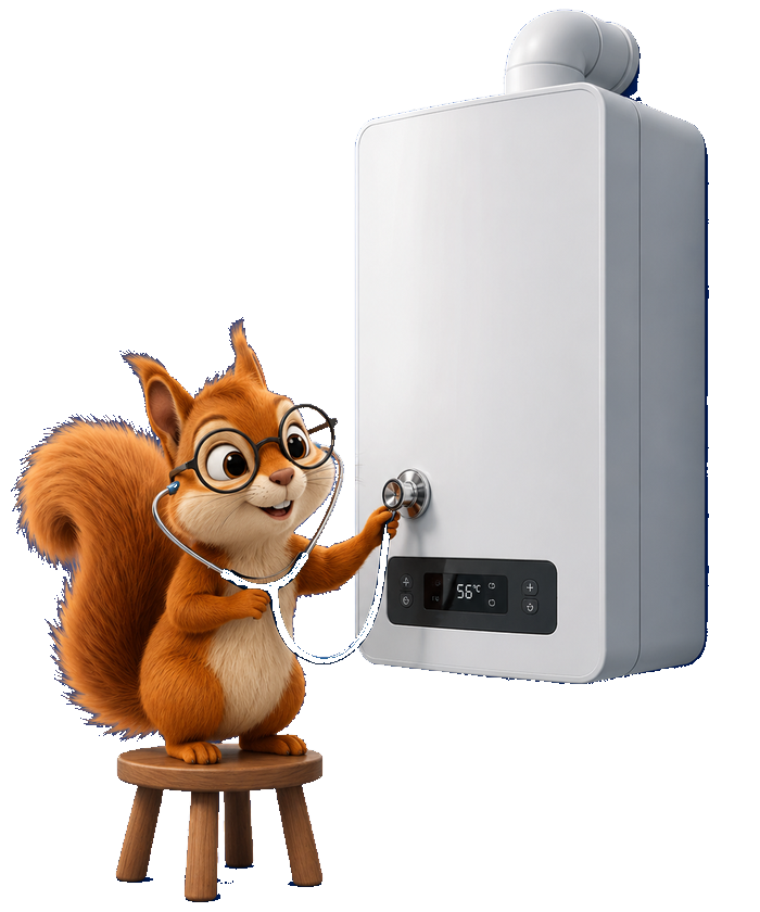 Illustrated squirrel mascot checking a boiler with a stethoscope