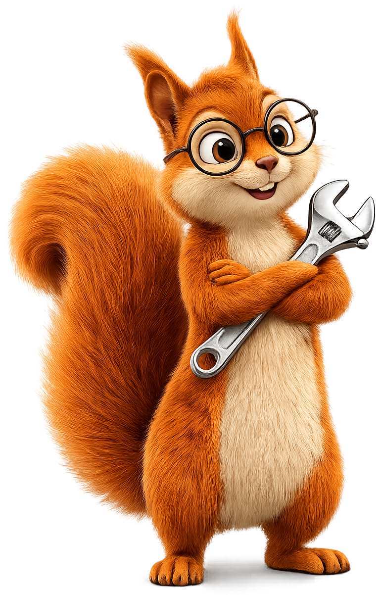 Illustrated squirrel mascot holding a spanner